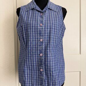 Sleeveless Columbia Button Up Shirt, Size S, with Tropical Trees